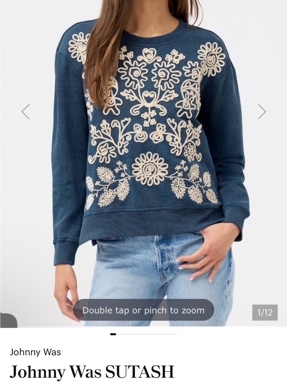 Johnny Was Navy Crewneck Sweater with Cream Floral Embroidery